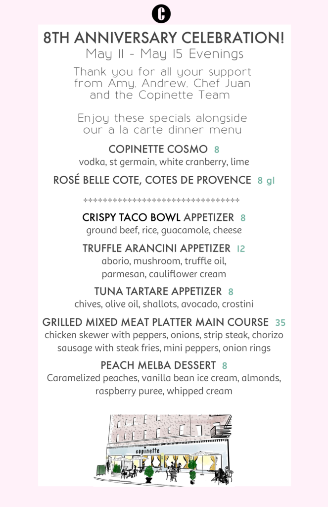 Copinette Anniversary Menu. Further details are provided below