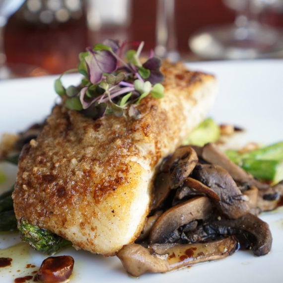 Hazelnut crusted halibut with mushrooms and asparagus