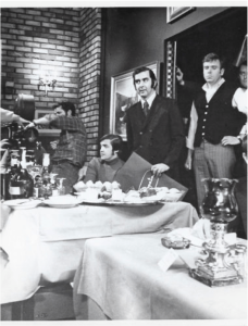 Black-and-white photo of film crew from the movie French Connection shooting a restaurant scene in the restaurant called Copain in 1972