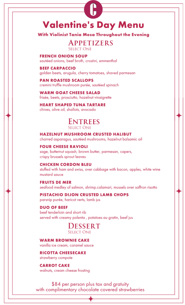 Copinette Valentine Day Menu. Further details are provided below
