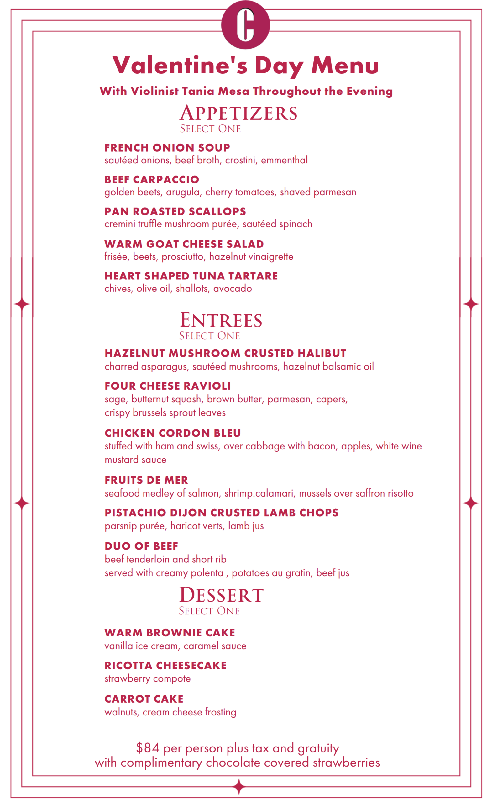 Copinette Valentine Day Menu. Further details are provided below