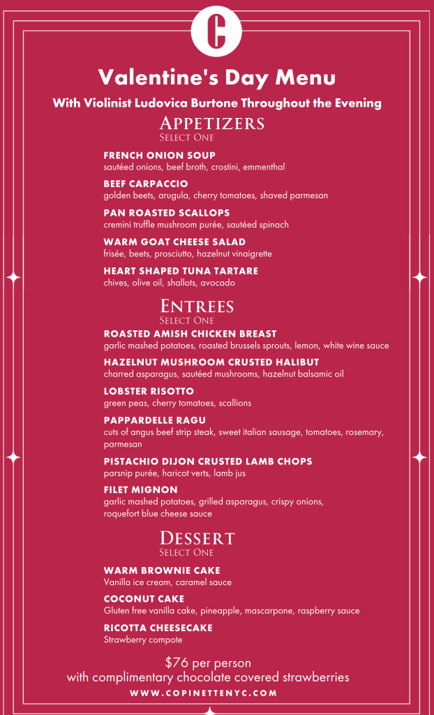 Valentine's day menu with violinist ludovica burtone throughtout the evening, Further details are provided below