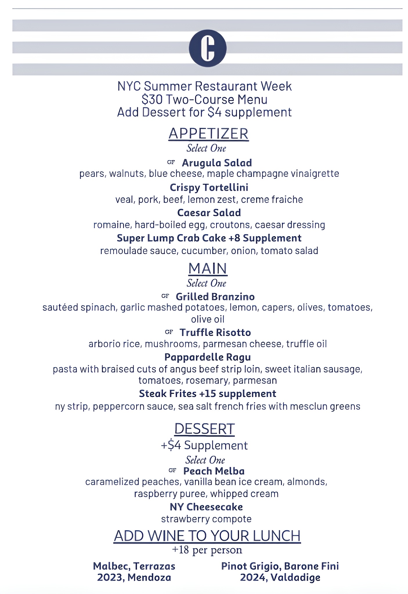 Restaurant Week Menu featuring $30 two course dinner menu, Further details are provided below