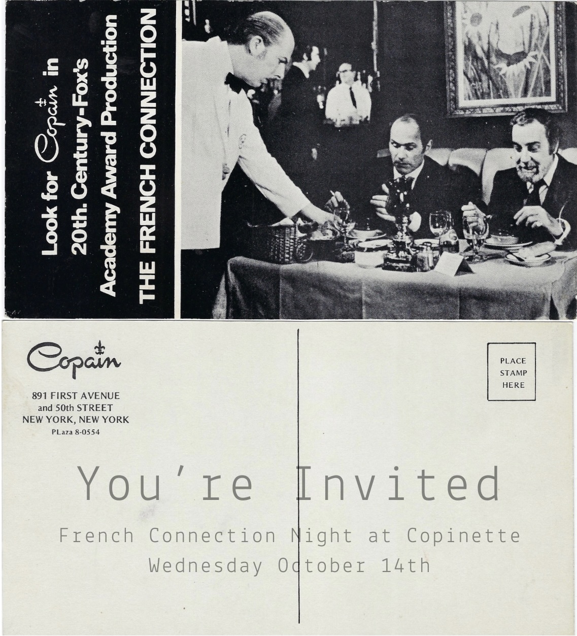 Vintage Postcard inviting to French Connection Party on Oct 14th