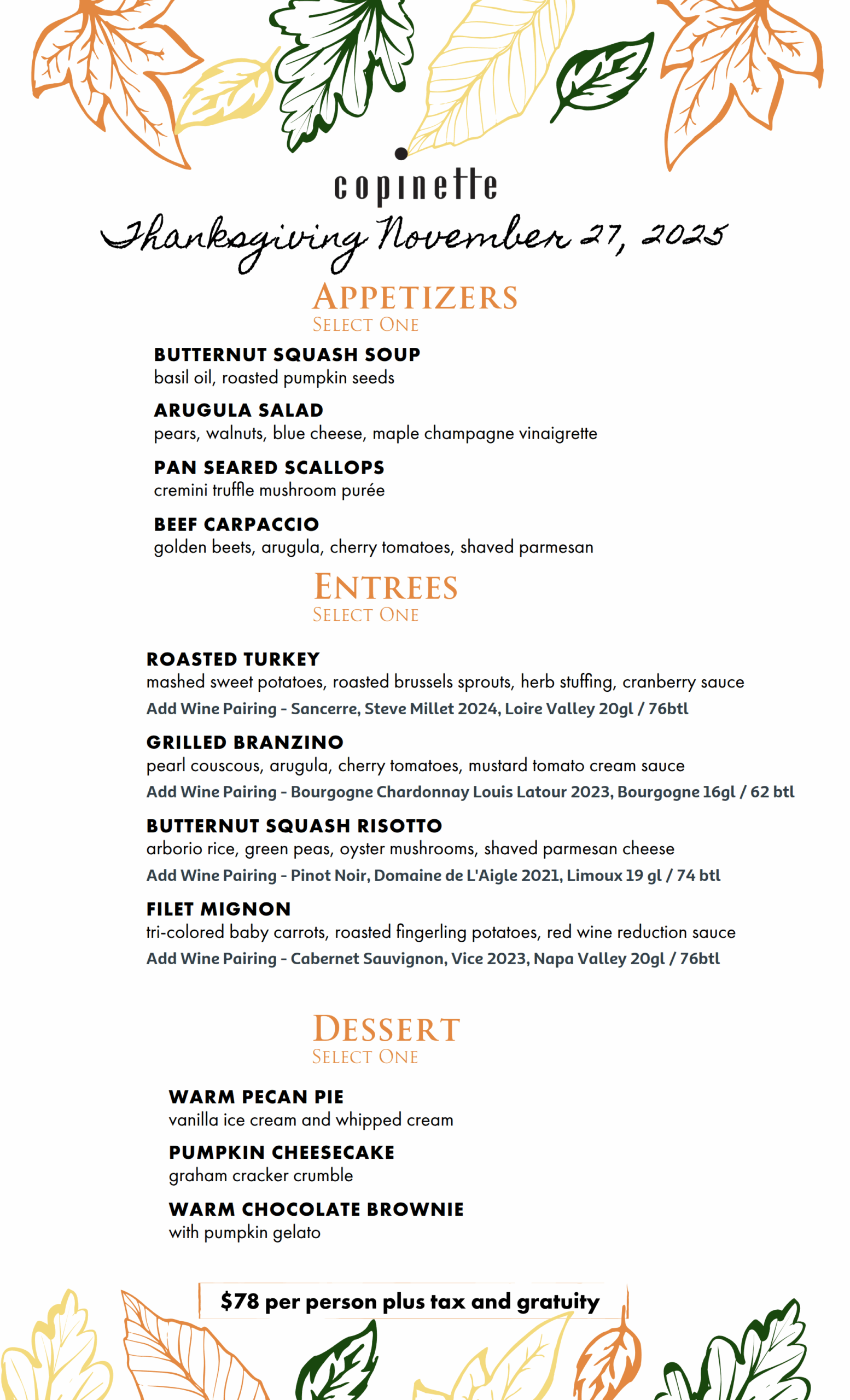 Thanksgiving Menu featuring $78 three course dinner menu, Further details are provided below