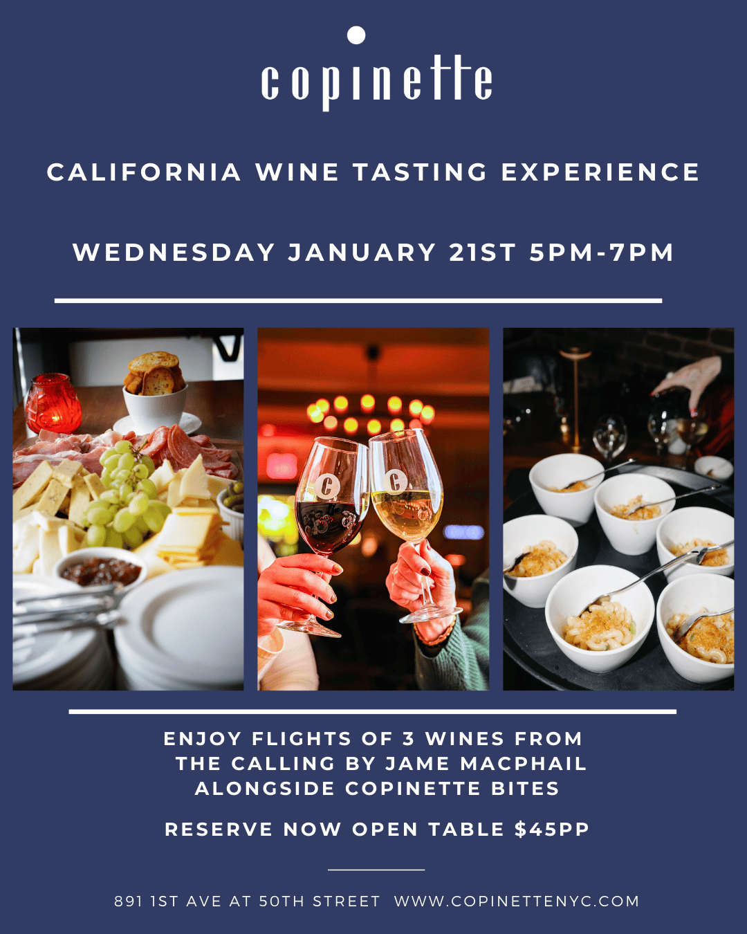 Poster announcing california wine tasting january 21st 5-7pm for $45 per person