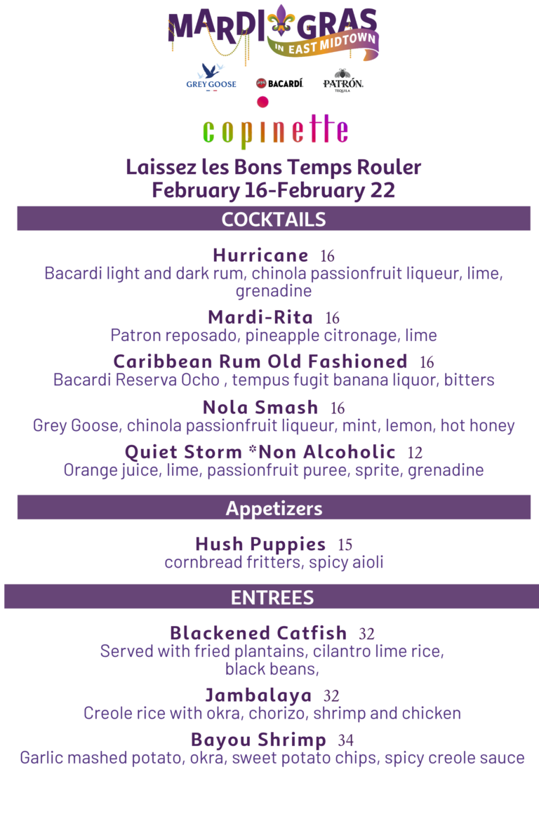 Copinette Mardi Gras specials Menu. Further details are provided below