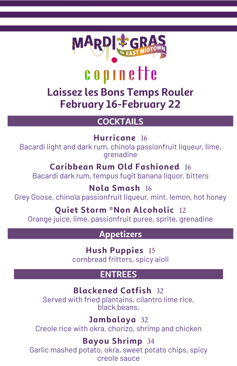 Copinette Mardi Gras specials Menu. Further details are provided below