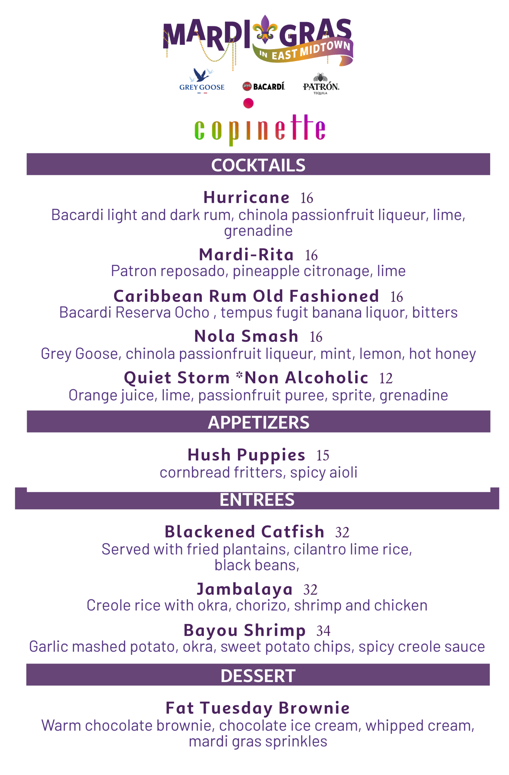 Copinette Mardi Gras specials Menu. Further details are provided below