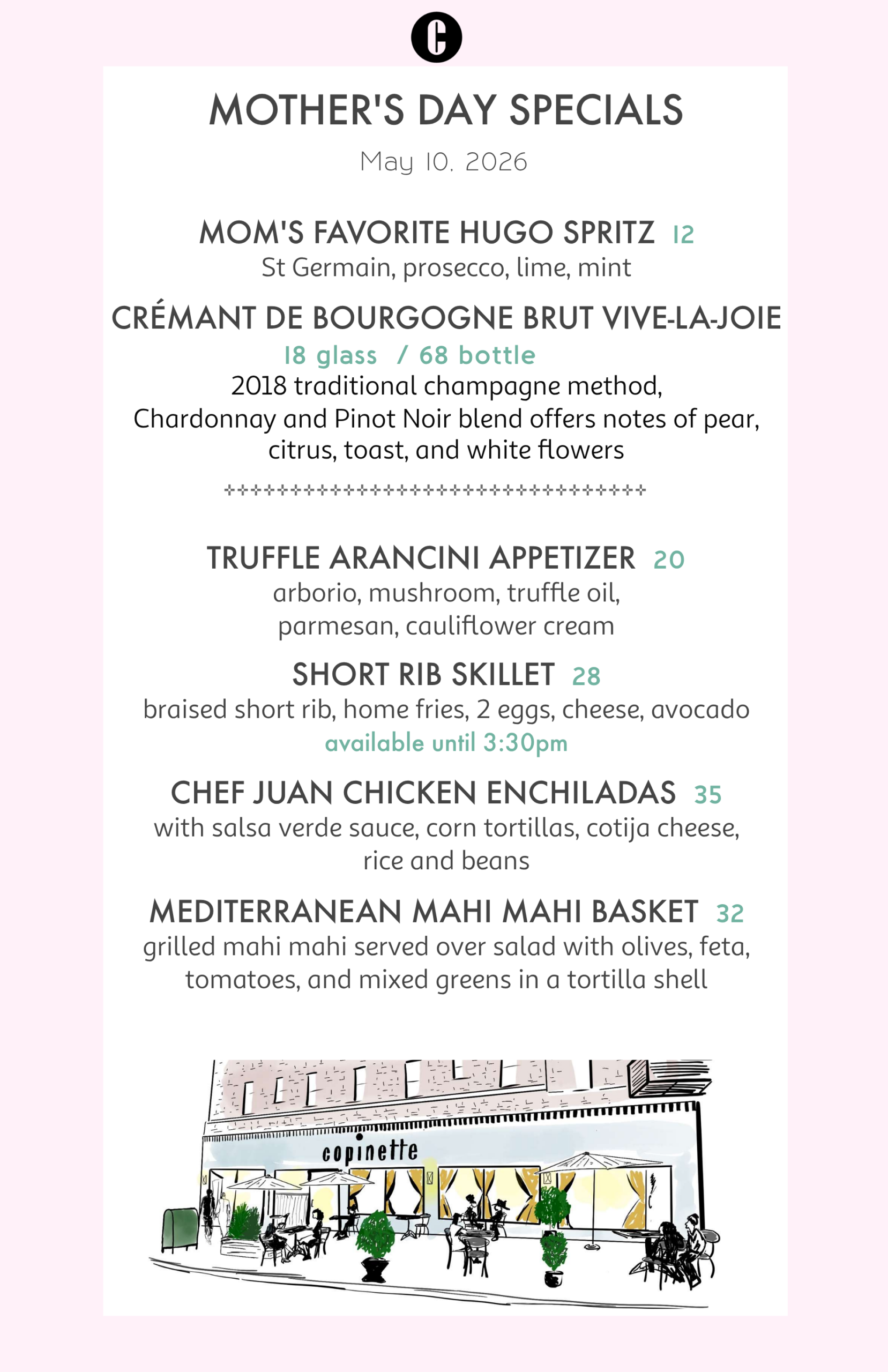 Mother's Day specials Menu. Further details are provided below