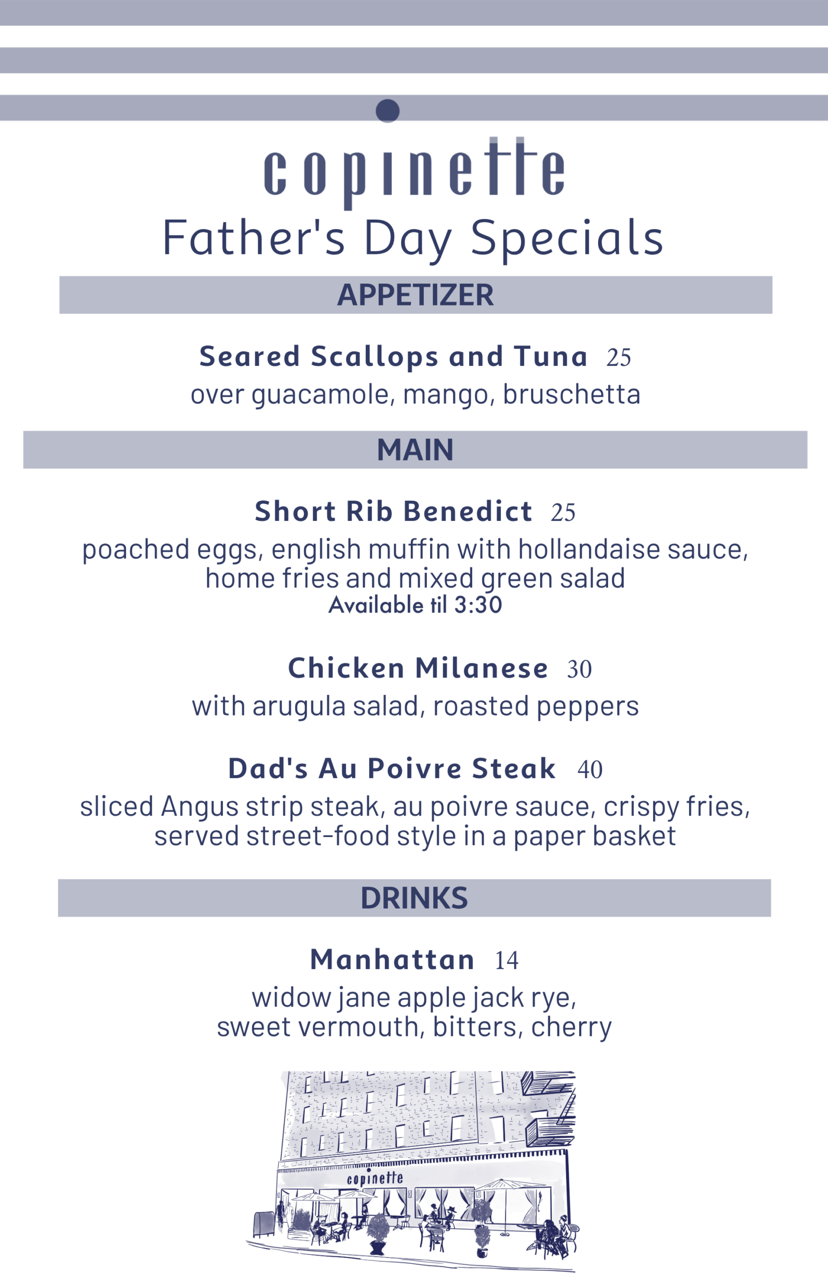 Father's Day specials Menu. Further details are provided below