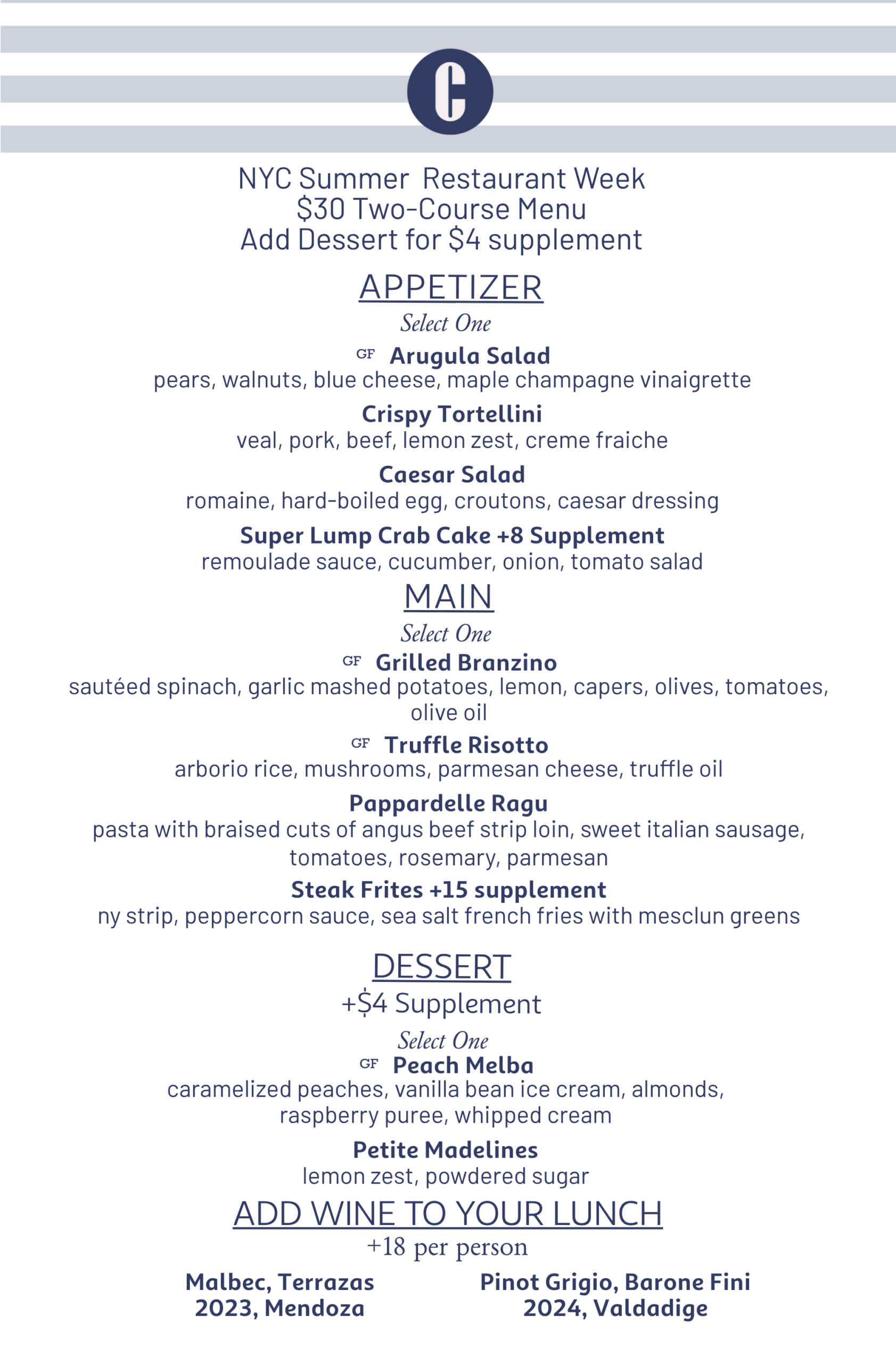 Restaurant Week Lunch Menu. Further details are provided below