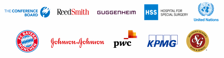 The Conference Board, Reed Smith, Guggenheim, HSS, United Nations, Bayern Munich, Johnson & Johnson, PwC, KPMG, and Southern Glazer’s.